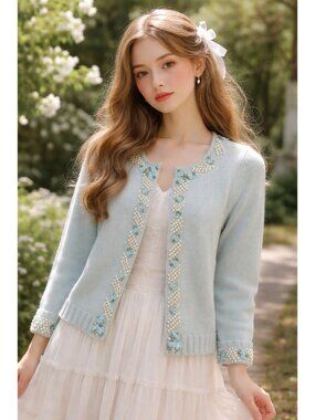 Vtg. By Malene Birger Embellished Wool Alpaca Cardigan Sz S Pearl Beaded Floral